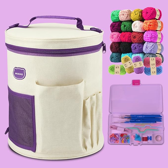 MIAOKE Crochet Kit, Crochet Kit for Beginners, 25 Crochet Yarn and 16 Different Sizes Crochet Hooks Set for Beginners, Include Stitch Markers, Thimble, Yarn Needles in Crochet Storage Beige Bag