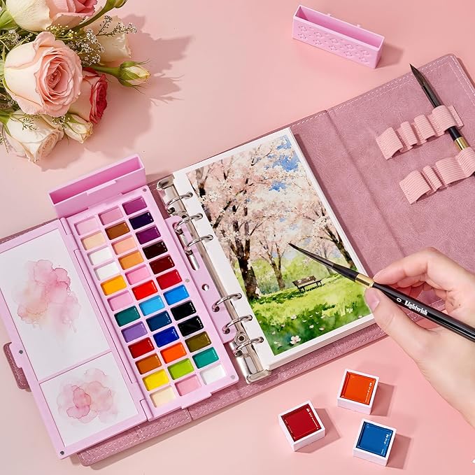 Travel Watercolor Sketchbook Set - 100% Cotton Cold Press 6.7x3.9 Inch Binder Art Journal with 36-Well Ceramic Paint Palette & 2 Travel Watercolor Brushes for Artists Outdoor Painting