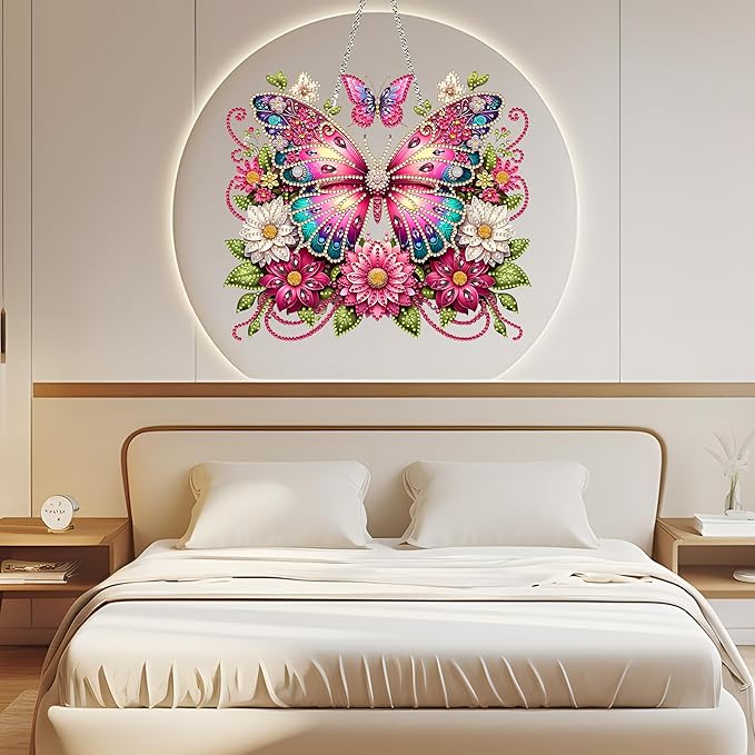 JJFox DIY Acrylic Diamond Art Painting Wreath Kits Special Shaped Rhinestone Diamond Art Window Pendants Home Garden Wall Hanging Kits Hanging Ornament (Butterfly-2)