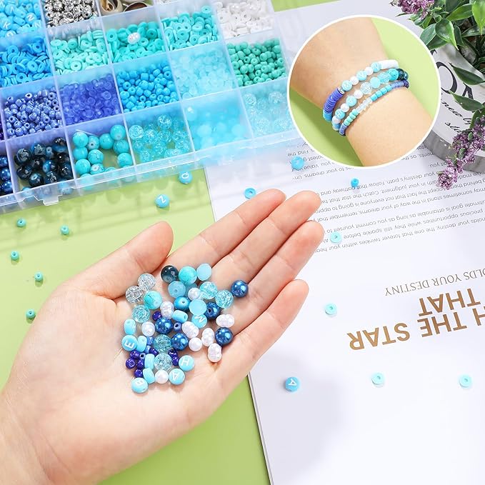 Blue Clay Beads for Bracelet Making Kit, 24 Colors 3500pcs Friendship Bracelet Making Kit, Small Glass Beads for Jewelry Making, Blue Ocean Series Colorful Crystal Beads and Crafts DIY Gifts