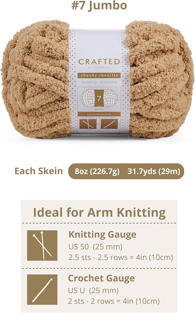 Crafted By Catherine Chunky Chenille Yarn - 2 Pack (8 oz / 227 g, 31.7 Yards Each Skein), Khaki, Gauge 7 Jumbo