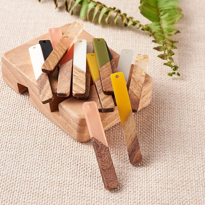 Beadthoven 18pcs/9 Pairs Natural Wood Resin Rectangle Bar Charms Bohemian DIY Earrings Pendants Mixed Colors Vertical Bar Wooden Pieces Pendants for Statement Jewelry Making Findings