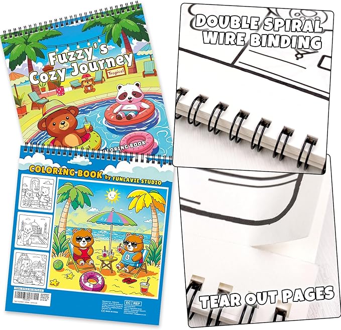 Cozy Coloring Book for Adults and Kids – Featuring Fuzzy’s Cute Animal Travel Adventures for Adult Stress Relief, Bold and Easy, Simple Designs for Teen Relaxation, Spiral Bound Design