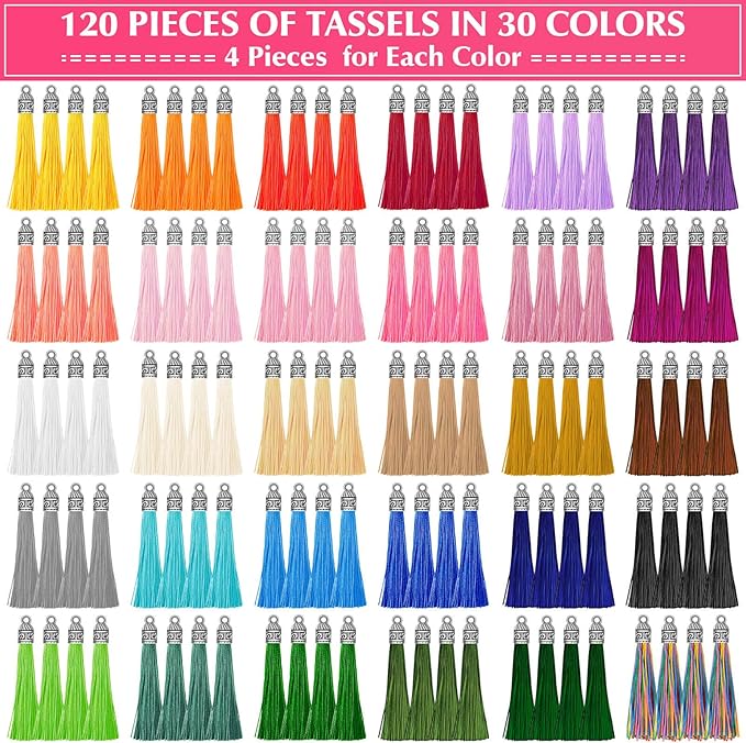 Caffox Tassels for Jewelry Making, 120PCS Keychain Tassel Charms Bulk, Silky Handmade Tassels for Earrings Bracelets Necklaces and DIY Craft
