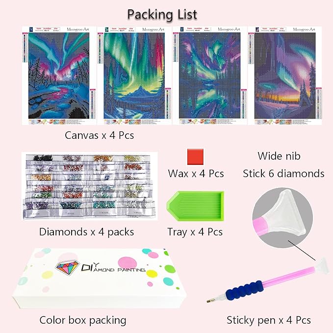 Muzagroo Art 5D Diamond Painting Kits for Adults, Aurora Diamond Art Kits for Beginners, DIY Landscape Diamond Dot Kits Gem Arts and Crafts for Living Room, Gem Painting Living Room 4 PCS Wall Art