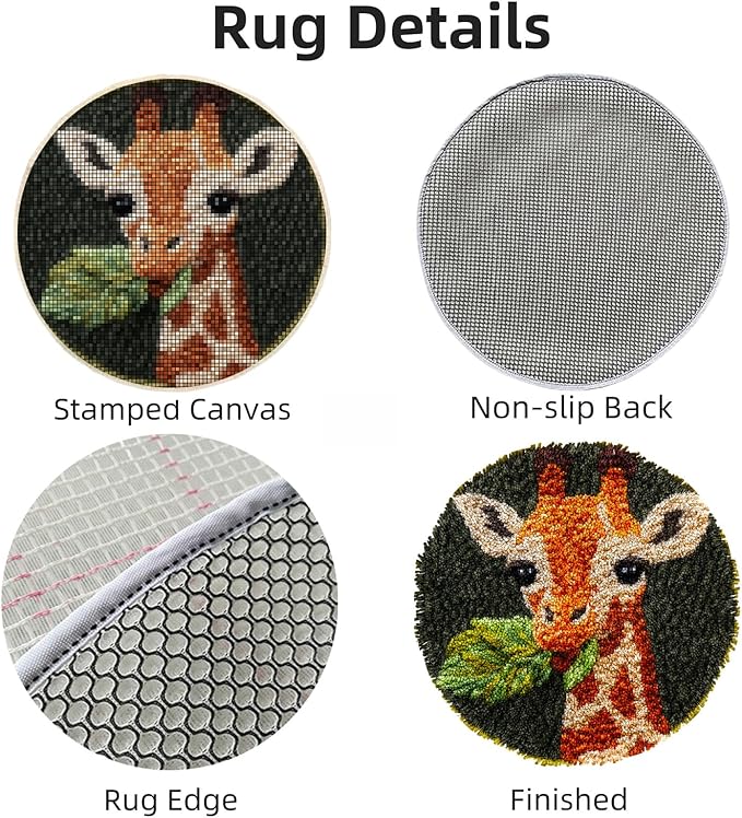 Latch Hook Mini Rug Kit Cute Baby Giraffe Chewing Leaf Easy for Beginners Round Shape Carpet Crochet Yarn Craft DIY Hook and Latch Little Tapestry for Home Decor 30x30cm(2)