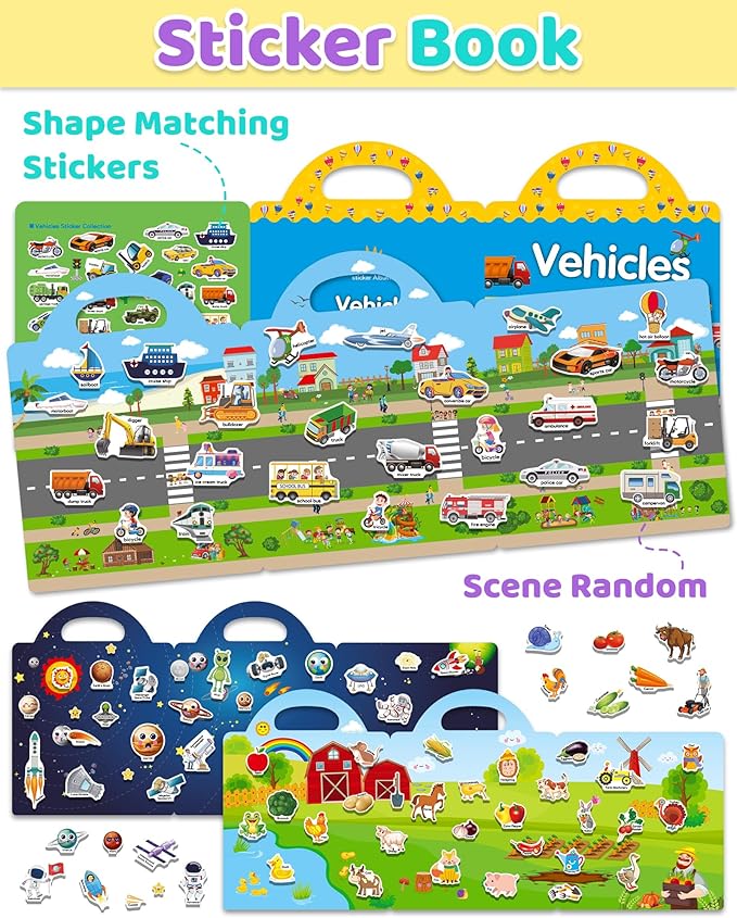 benresive reusable sticker books for kids, sticker books for toddlers, toddler travel toys activities crafts ages 3 and up birthday gifts - farm, space and vehicle