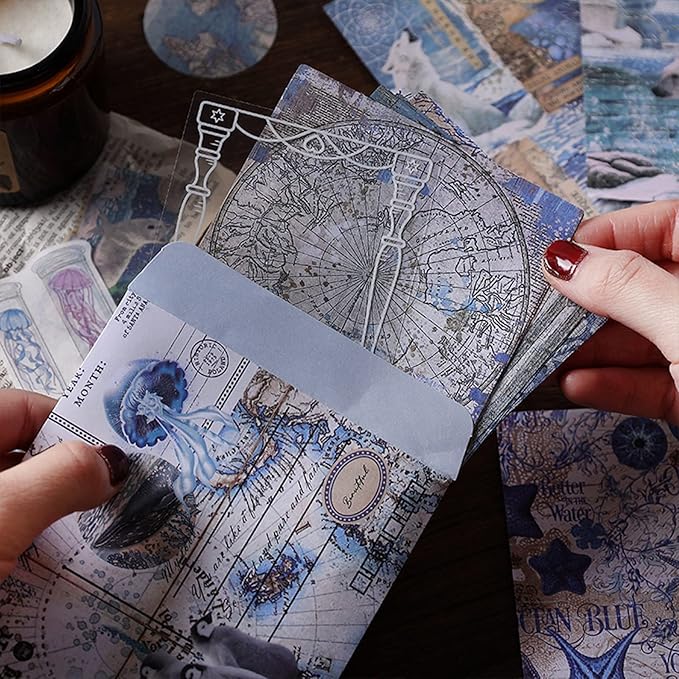 Esweny 100 PCS Vintage Ephemera Pack Journaling Scrapbooking Supplies Scrapbook Sticker Paper Kit for Junk Journal Planners Collage Craft Notebooks Decoupage Album (Ocean)