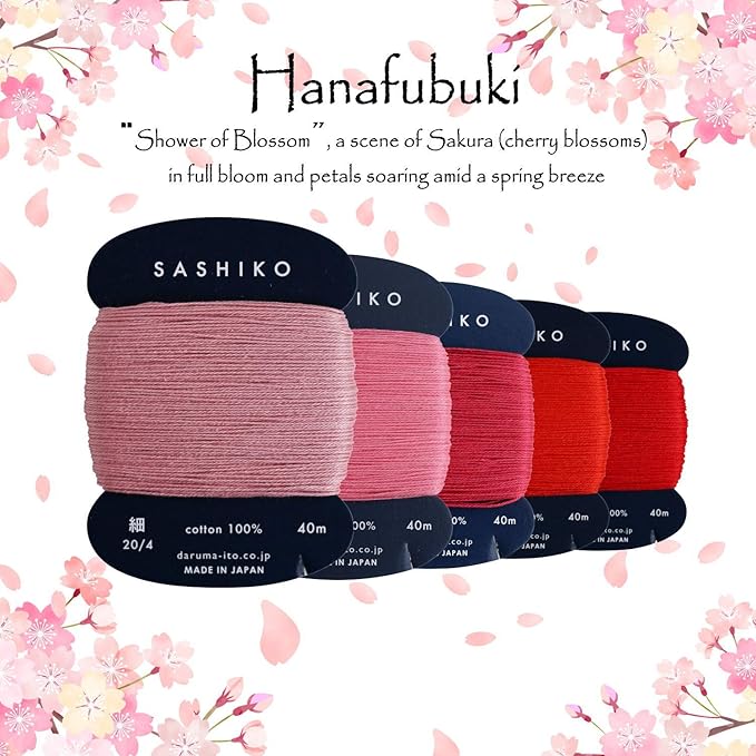 DARUMA Sashiko Thread 100% Cotton Card Type (43.7 yd) x 5 Colors with English Manual, Sewing & Embroidery Value Set with Gift Package(Thin, Hanafubuki)