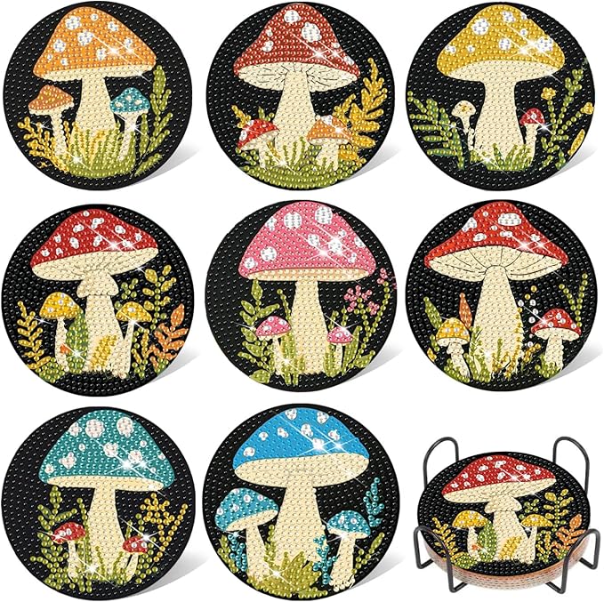 EWJRNSF 8 PCS 5D Diamond Painting Coasters Kits with Holder, Small Diamond Art Kits for Adults Beginners Diamond Dots Arts and Crafts Gems Supplies Item Mushroom Shaped