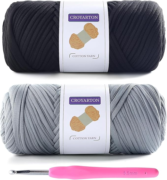2 Pack Tshirt Yarn for Crocheting, Elastic T Shirt Spaghetti Thick Knitting Yarn Total Length 130 Yds for Crochet Bag Baskets Home Decor with 1 Crochet Hook (Black+Light Gray)
