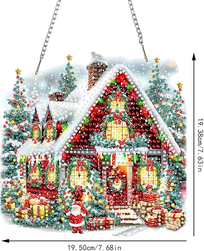 SENQAO Christmas Diamond Art Hanging Kits for Adults, Christmas Tree House Diamond Art Suncatchers, 5D Special Shape Diamond Painting Pendant Window Ornament Gifts for Home Door Wall Decor