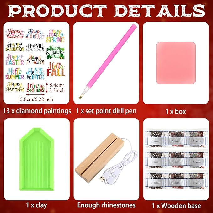 Chunful 13 Pcs Interchangeable Seasonal Diamond Art Tabletop Holiday Diamond Art Painting Kit with Wooden Light Base for Table Tiered Tray Home Office Tabletop Centerpiece Decor (13 Pcs,Simple Style)