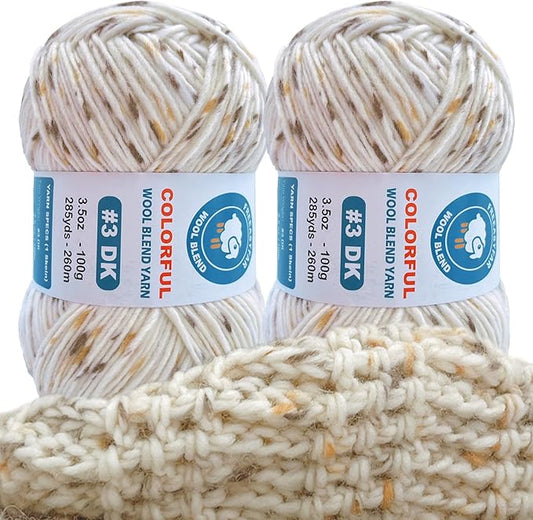 2 Pack Wool Blend Yarn, 2x3.5oz / 285yds, #3 DK, 20% Wool 80% Acrylic, Variegated, Single-Ply Soft Crochet & Knitting Wool Yarn for Sweaters, Scarves, Hats (Buttercream)