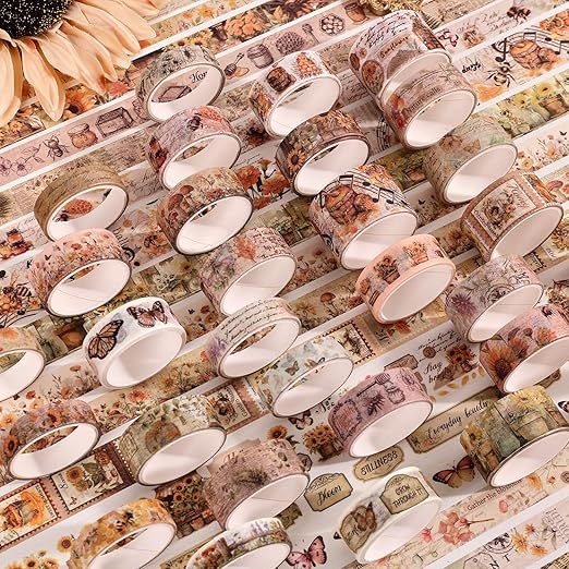 Natural Washi Tape Set, 42 Rolls - Floral, Butterfly, Bee, Botanical,Letter, Vintage Writable Scrapbooking Tapes for Journaling, Bullet Diaries, Card Making, Gift Wrapping, Aesthetic Craft Supplies