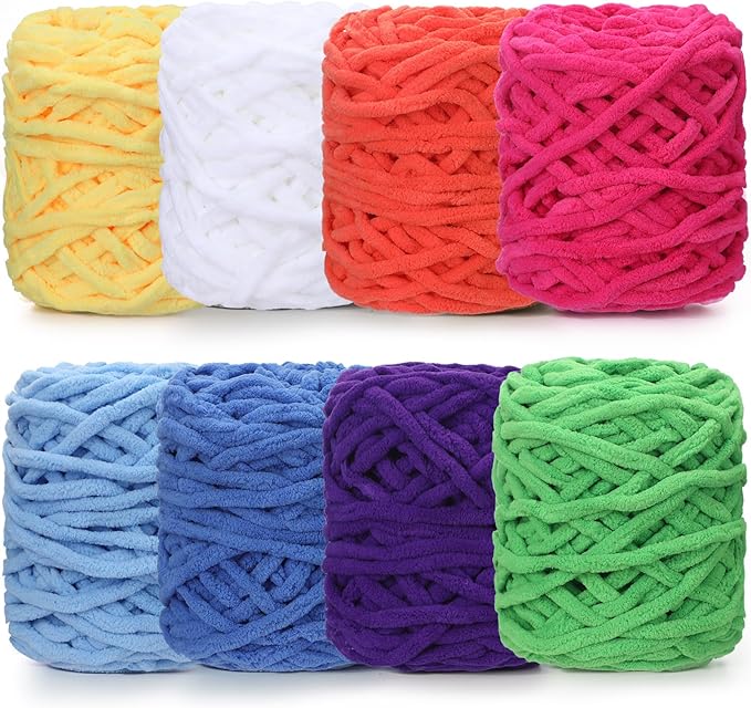 Buryeah Chunky Chenille Yarn for Crocheting Soft Thick Fluffy Yarn for Hand Knitting Bulky Velvet Blanket Plush for Weaving DIY Crafts Each 3.5 oz 55 Yards(Bright Colors,8 Pack)