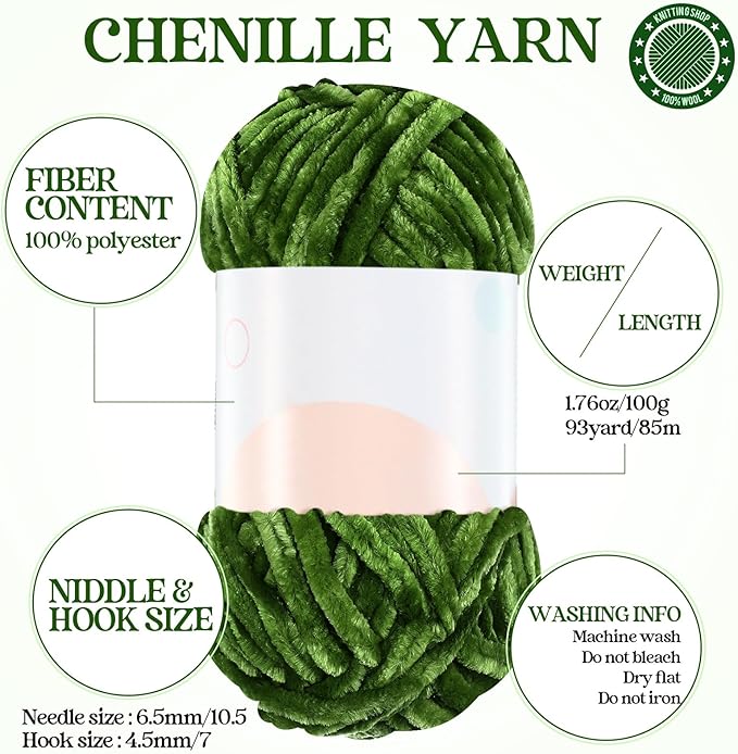 Woanger 20 Skeins Soft Chenille Yarn Velvet Blanket Yarn for Crocheting Hand Knitting Weaving DIY Craft, 10 Colors, 93 Yards Each (Green Tone)