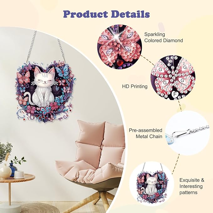 HEIBAGO Cat Diamond Art Hanging Kits for Adults, Diamond Art Suncatchers, 5D Special Shape Diamond Painting Pendant, DIY Window Ornament Gifts for Home Garden Door Wall Decor 8.3 x 8.3 Inch