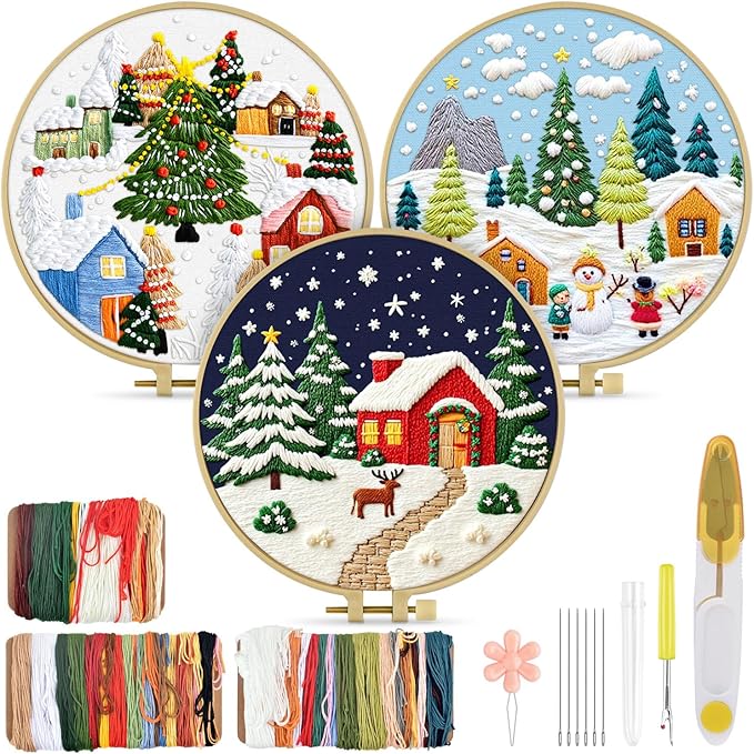 TINDTOP Christmas Embroidery Kit for Adult, 3 Pack Embroidery DIY Starter Kit, with Stamped Patterns, Hoop, Tools, Colorful Threads with Needles, Instructions