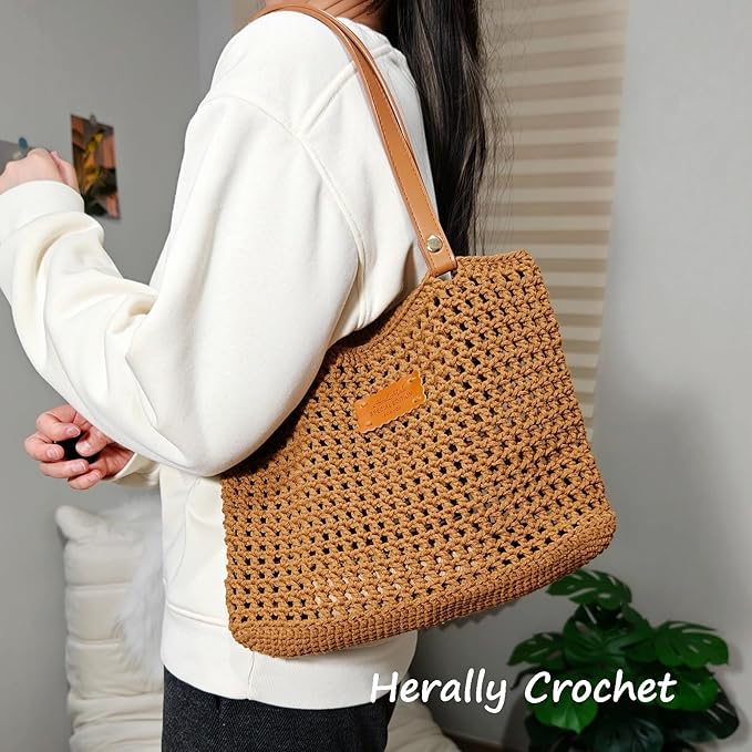 Herally Crochet Kit DIY Bag for Beginners - Include Yarn, Hook and Accessory - with Step by Step Video Tutorials - Crochet Tote Bag (Caramel)