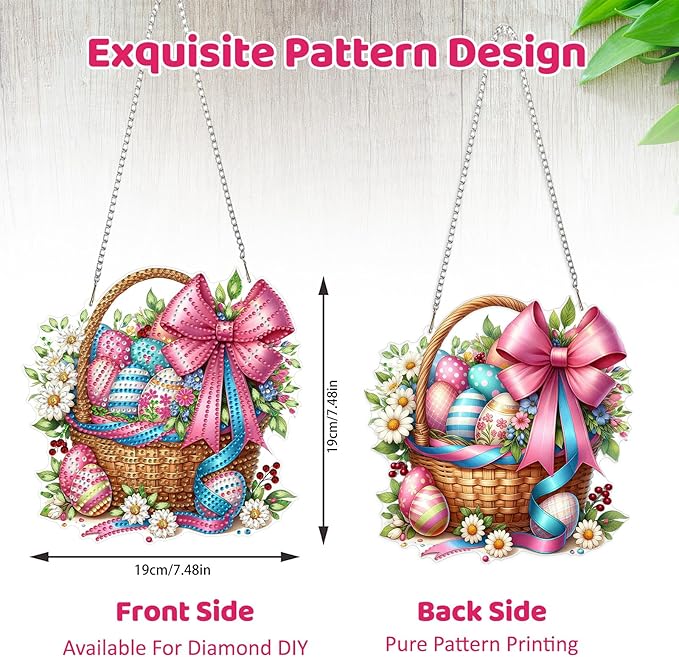 MEIYUDA Easter Egg Diamond Art Hanging Kits for Adult, Easter Eggs Basket Diamond Painting Hanging Kits Ornaments, DIY Special Shaped Rhinestone Window Pendants kit for Home Garden Wall Decor Gift