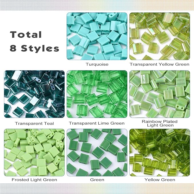 NBEADS 240 Pcs 8 Colors Green 2-Hole Beads, 5 * 5mm Glass Seed Beads Rectangle Loose Beads for Christmas Jewelry Design Necklace Bracelet Earring Making, Light Green