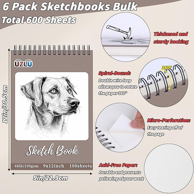 6 Pcs Sketch Book Bulk 9 x 12 In 600 Sheets Top Spiral Bound Sketch Pad Drawing Paper 100 Sheets Each Acid Free Mixed Media Sketchbook 68lb/100gsm Art Supplies for Beginner Artist