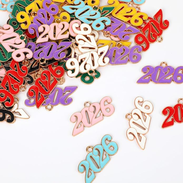 2026 Charms, 8 Colors Zinc Alloy 2026 Year Charms for Crafts New Year Graduation Tassel for Craft DIY Jewelry Making Party Decoration