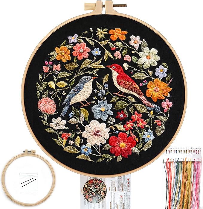 fonnuy embroidery kit for beginners, birds with flowers pre-stamped pattern kits for adults with hoop, easy to follow color thread needlework, 8'' hoop (red)