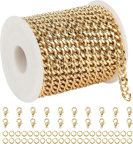 YOUBEIYEE 33 Feet Gold Cuban Link Chain for Men and Women Necklace DIY Gold Plated Aluminum Jewelry Chains Bulk with Jump Rings and Lobster Clasps