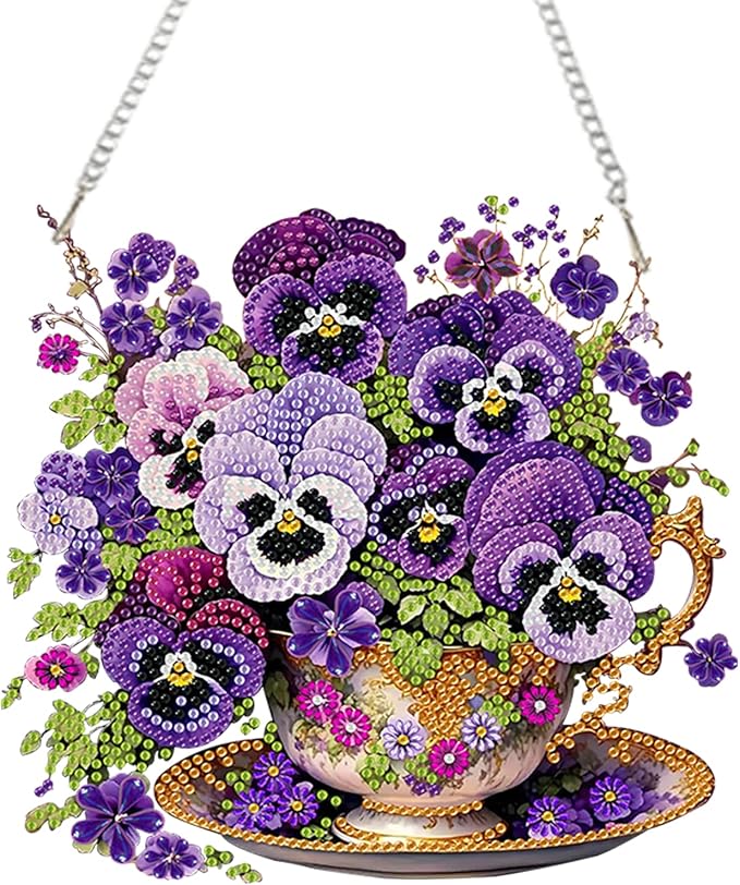 AIBOERL Diamond Art Hanging Kit for Adult,Special Shaped Rhinestone,Double Sided 5D DIY Acrylic Diamond Art Painting Wall Hanging Kits Hanging Ornament 7.87×7.87(Pansy)