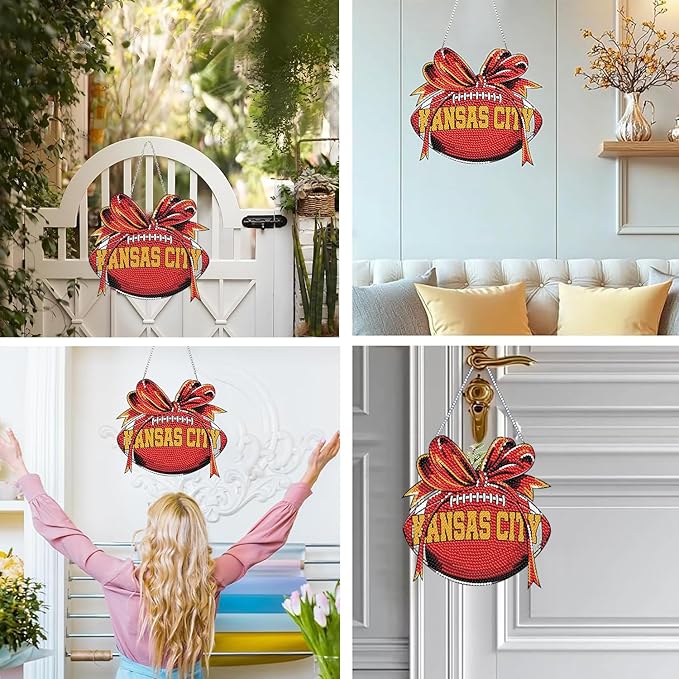 Rertcioph Football Diamond Art Hanging Kit for Adults, DIY Acrylic 5D Diamond Painting Hanging Ornament for Kansas City Home Wall Decor and Gift