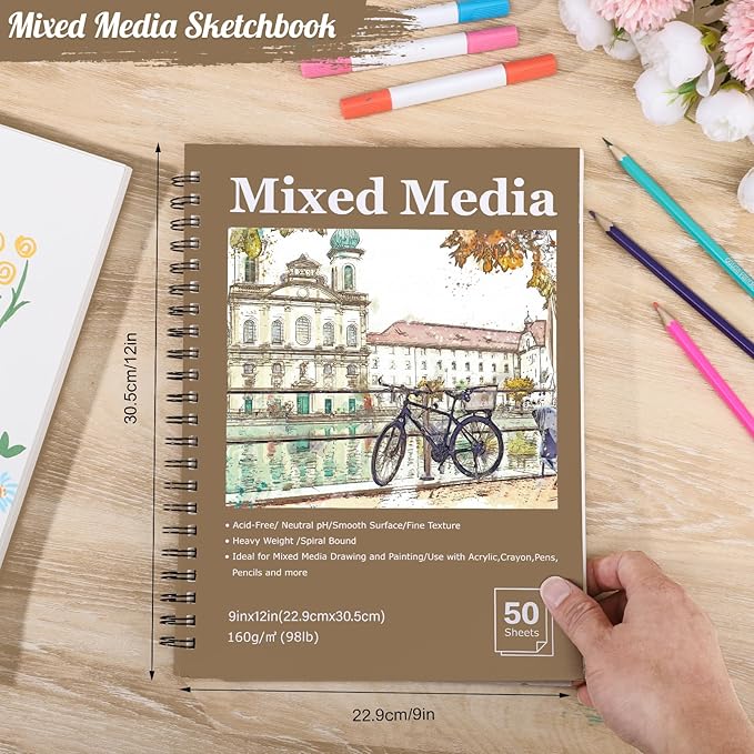 4 Pack Mixed Media Sketchbook, 9x12 inches Drawing Paper Sketch Book, 98lb/160gsm Heavyweight Spiral Bound Sketch Pads, Suitable for Arist, Drawing, Painting, Sketching(200 Sheets)