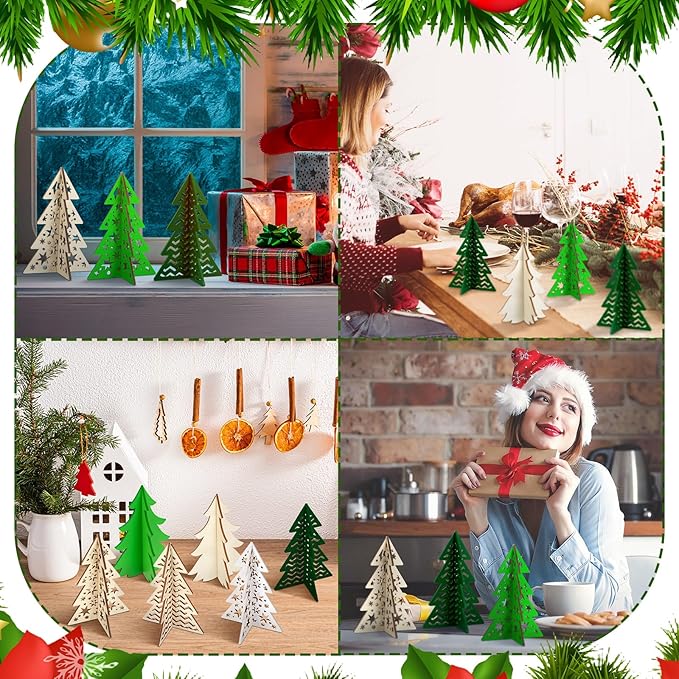 Blosssound 48 Pcs Christmas Craft Set 36 Wood Tree Crafts 3D Christmas Tree Cutouts with 12 Colored Markers Wooden Unfinished Slices to Paint for Xmas Winter DIY Handmade Tiered Tray Decor