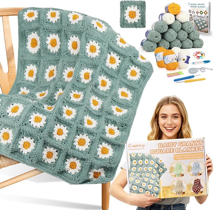 Coopay Crochet Kit for Beginners, Crochet Starter Kit for Blanket, Granny Squares Video Instructions, Easy to Learn Knitting for Beginner