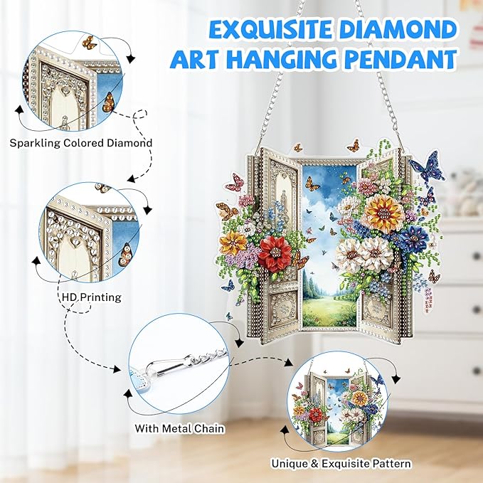 Bowetile Garden Scene Diamond Art Hanging Kits for Adults, Diamond Art Suncatchers Enchanted Flower Door, 5D Special Shape Diamond Painting Pendant Window Ornament Gifts for Home Wall Decor