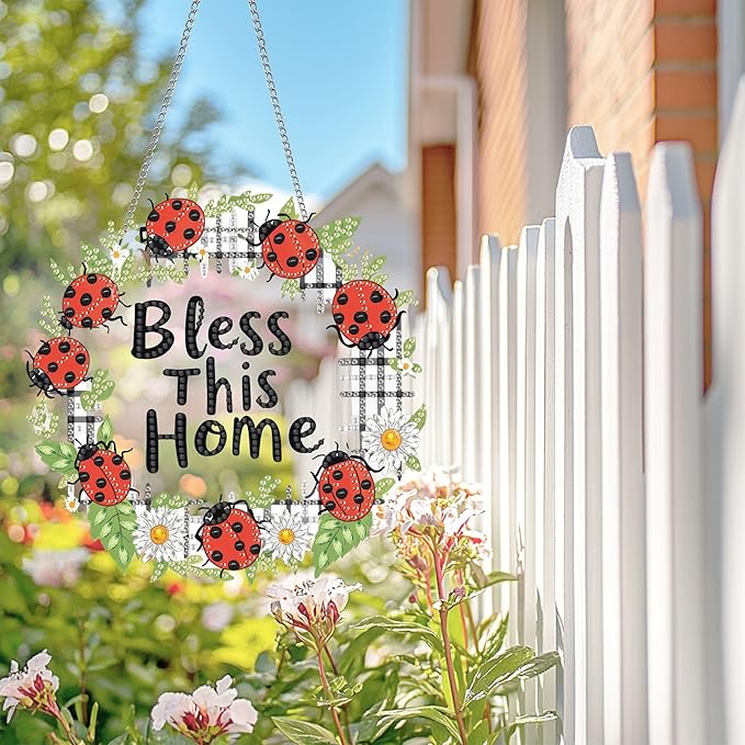 Wergund 5D DIY Bless Diamond Art Hanging Kits, Hanging Diamond Art Flower, Acrylic Special Shaped Rhinestone, Window Hanging Pendants for Home Wall Garden Front Door Outdoor Decor Gift(Bless)