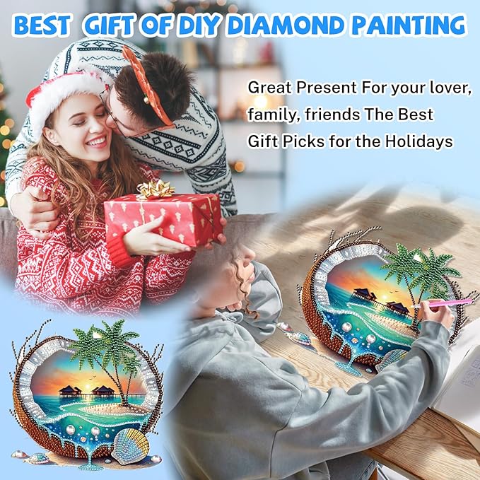 Bowetile Coconut Diamond Art Hanging Kits for Adults, Summer Diamond Art Suncatchers Beach, 5D Special Shape Diamond Painting Pendant Window Ornament Gifts for Home Wall Garden Decor