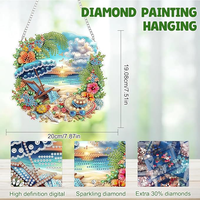 MAXBYE DIY Diamond Art Kits for Adults Hanging Pendant Summer Beach, Painting Diamond Gem Art Hanging Kits for Beginners Gift Window Wall Door Decoration