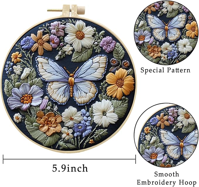 LB 4 Pack Colorful Butterfly Embroidery Kit for Beginners Nature Flower Beginner Embroidery Kit for Adults DIY Starter Kit with Embroidery Hoop Colorful Threads Tools Step by Step Instructions