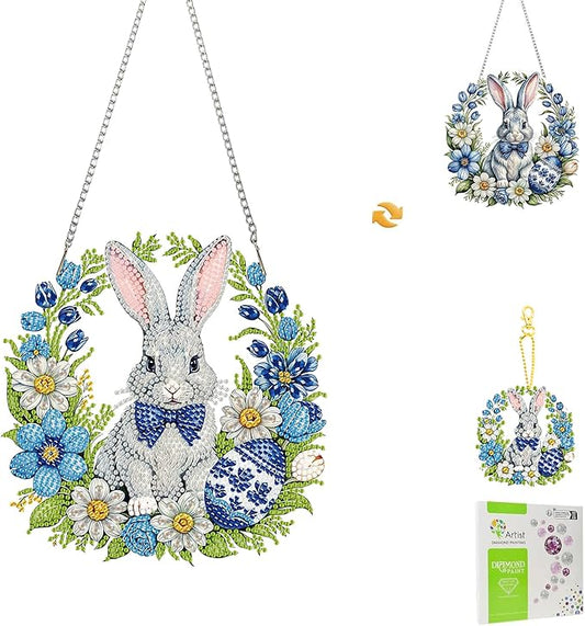 Masendp Easter Bunny Wreath Diamond Painting Double-Sided Hanging Ornament Set, DIY Irregular Shaped Rhinestone Window Decoration Set, Suitable for Home and Garden Wall Decoration Gifts