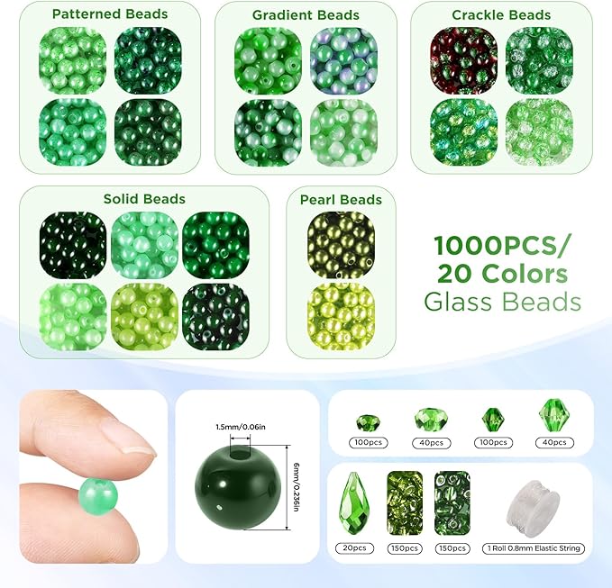 funtopia 1600pcs green glass beads for bracelets, 6mm crystal beads for jewelry making beaded plants, round glass beads with faceted bead seed beads for diy plant making crafts earrings necklace