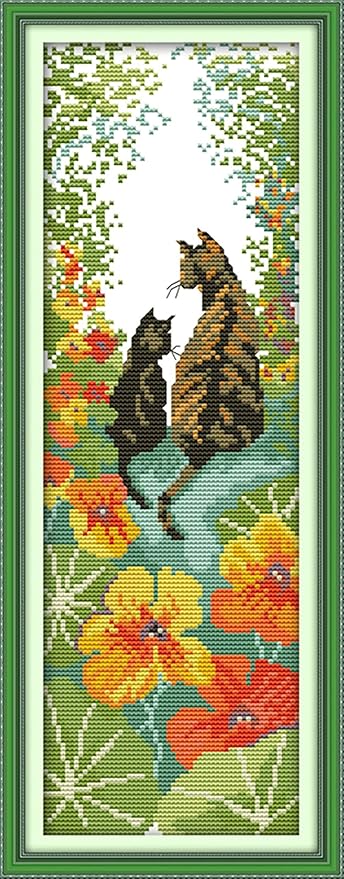 CaptainCrafts Cross Stitch Kits, New Stamped and Counted Fabric Cross Stitching DIY Art DMC Needlecrafts Embroidery Kit for Adults Beginner (Stamped, Flowers Cats Back)