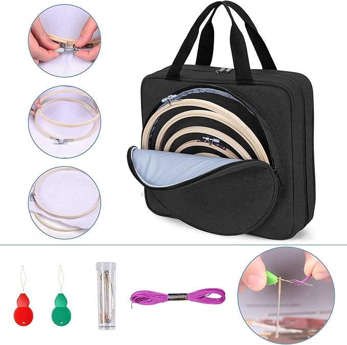 LoDrid Embroidery Kit, Embroidery Project Bag with Embroidery Kit, Portable Craft Carry Case with Starter Kit, Embroidery Supplies Storage Bag and Cross Stitch Kits for Beginners, Adults, Black