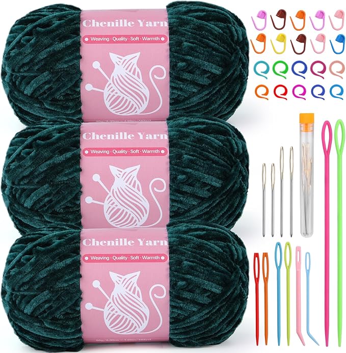 LUNARM Chenille Velvet Yarn for Crocheting & Knitting, Soft Yarn for Making Blankets, Clothes & More - 3*3.35oz, 3*162yds (Dark Green)