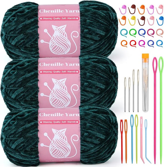 LUNARM Chenille Velvet Yarn for Crocheting & Knitting, Soft Yarn for Making Blankets, Clothes & More - 3*3.35oz, 3*162yds (Dark Green)