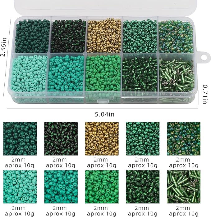 Approx 5000pcs 12/0 Glass Seed Beads for Jewelry Making, 2mm Mix 10 Colors Tube Beads Glass Bugle Beads Waist Beads Kit for Bracelets Necklaces Earrings DIY Supplies (Green)
