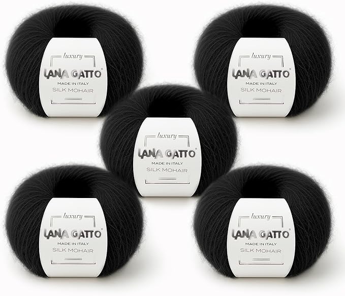 Silk Mohair Yarn for Knitting – Lace Weight Mohair Yarn with Silk, Made in Italy – Black-6037, 5 Skeins