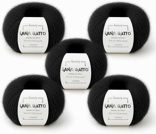 Silk Mohair Yarn for Knitting – Lace Weight Mohair Yarn with Silk, Made in Italy – Black-6037, 5 Skeins