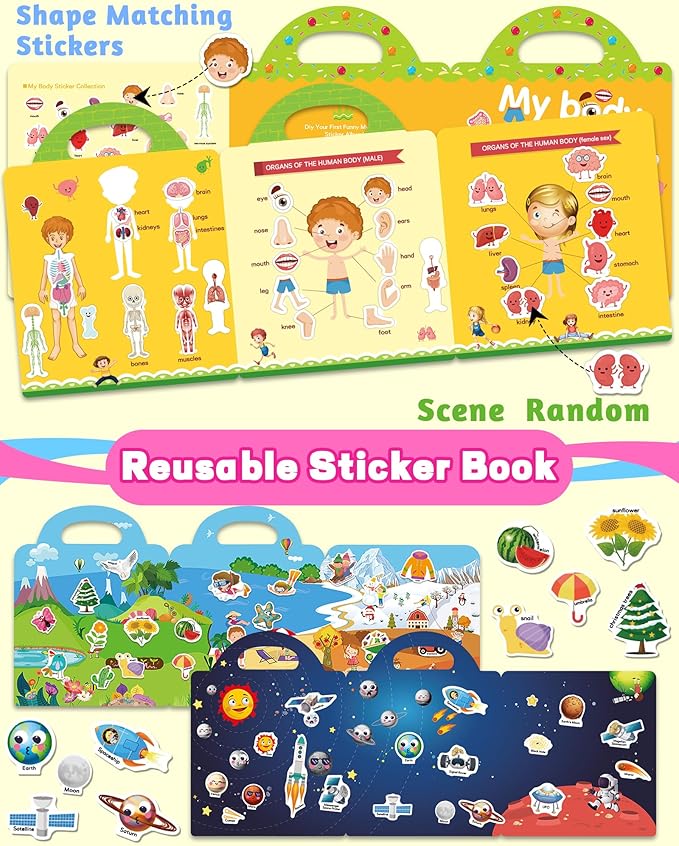 walenced reusable sticker book for toddlers, stickers for kids, toddler sticker book, toddler craft activities, toddler travel toys ages 3 and up boy girl birthday gifts